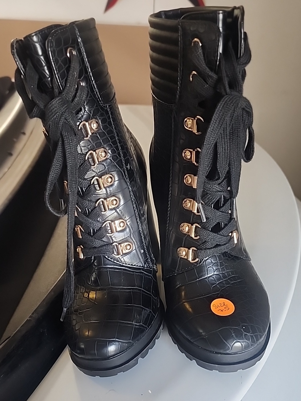 NWOT Black Lace-Up Croc-Embossed Ankle Boots